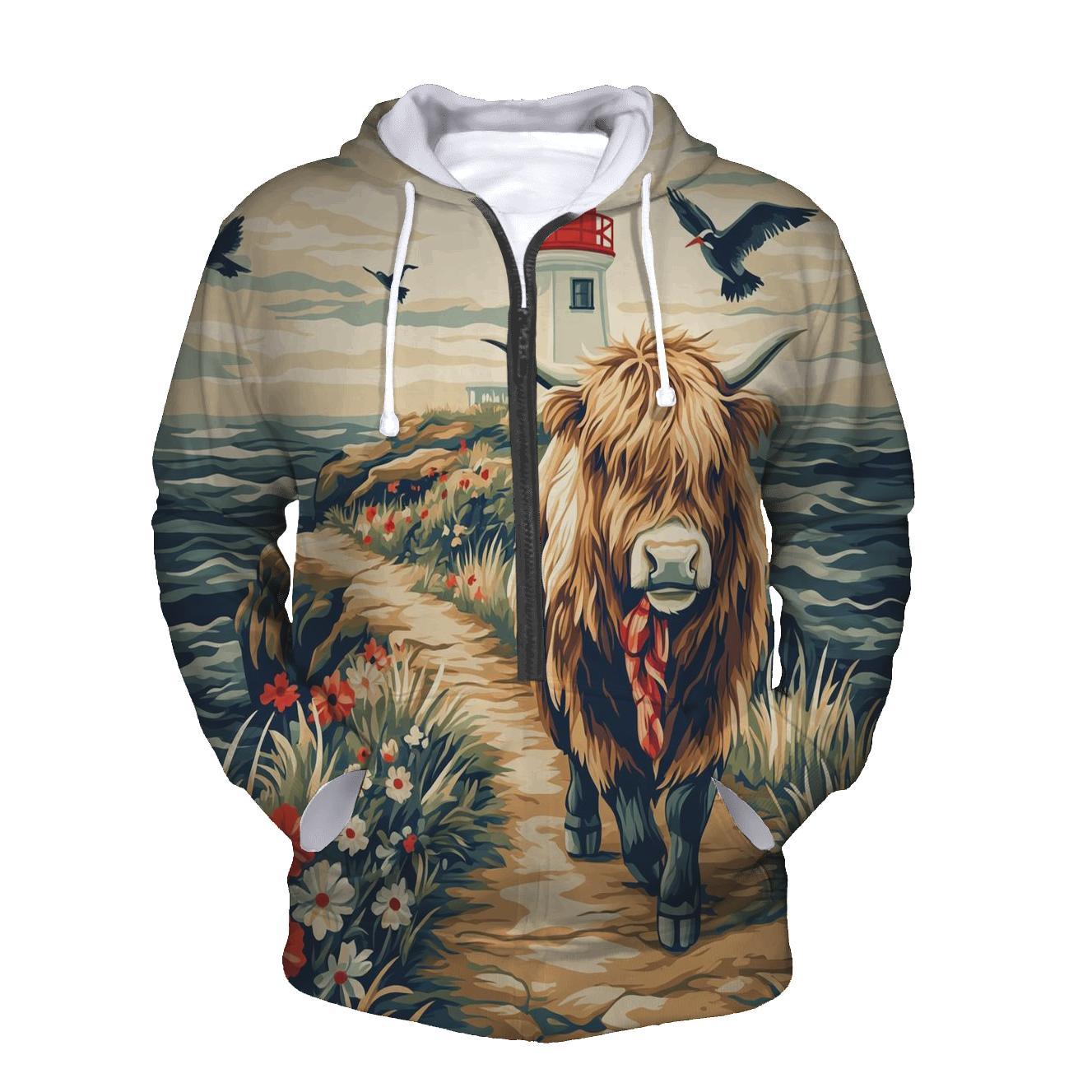 Highland Cow And The Lighthouse Cliff Path pullover hoodies