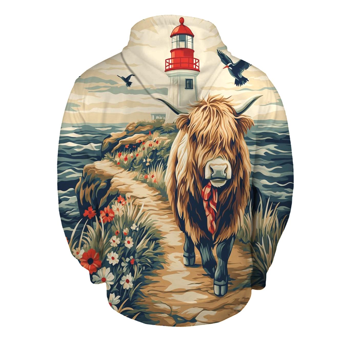 Highland Cow And The Lighthouse Cliff Path pullover hoodies