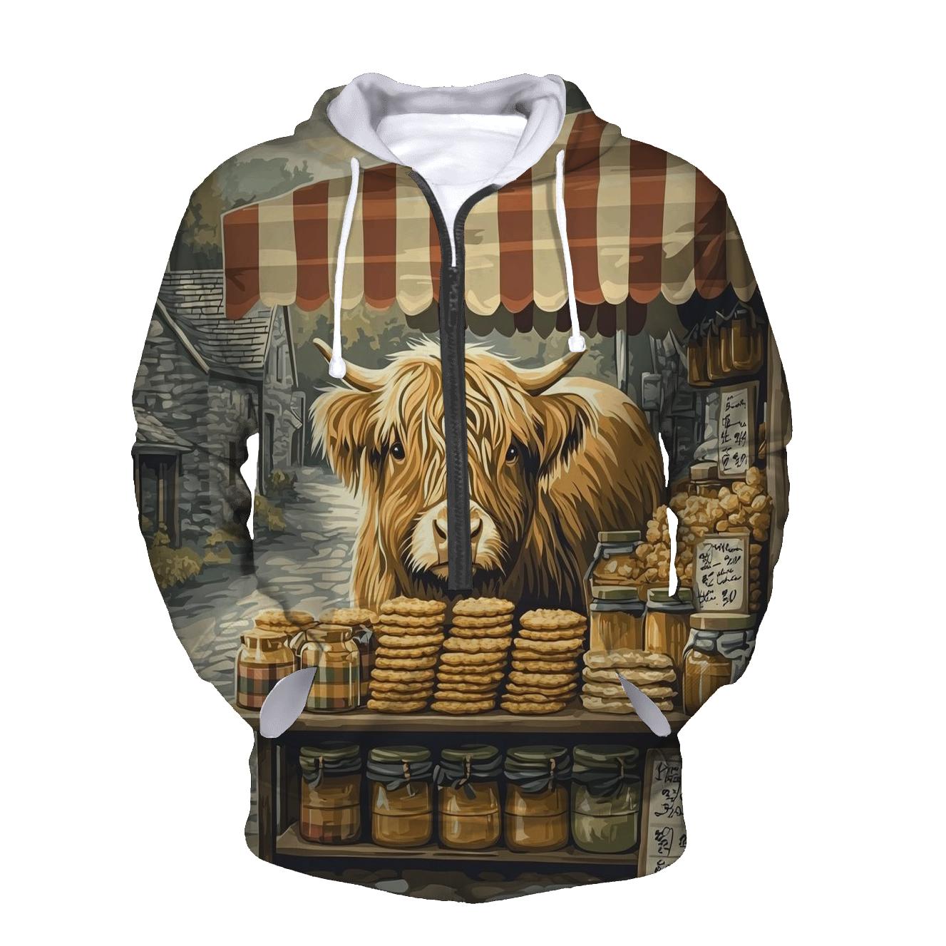 Tartan Market Stall Featuring Highland Cow premium hoodies