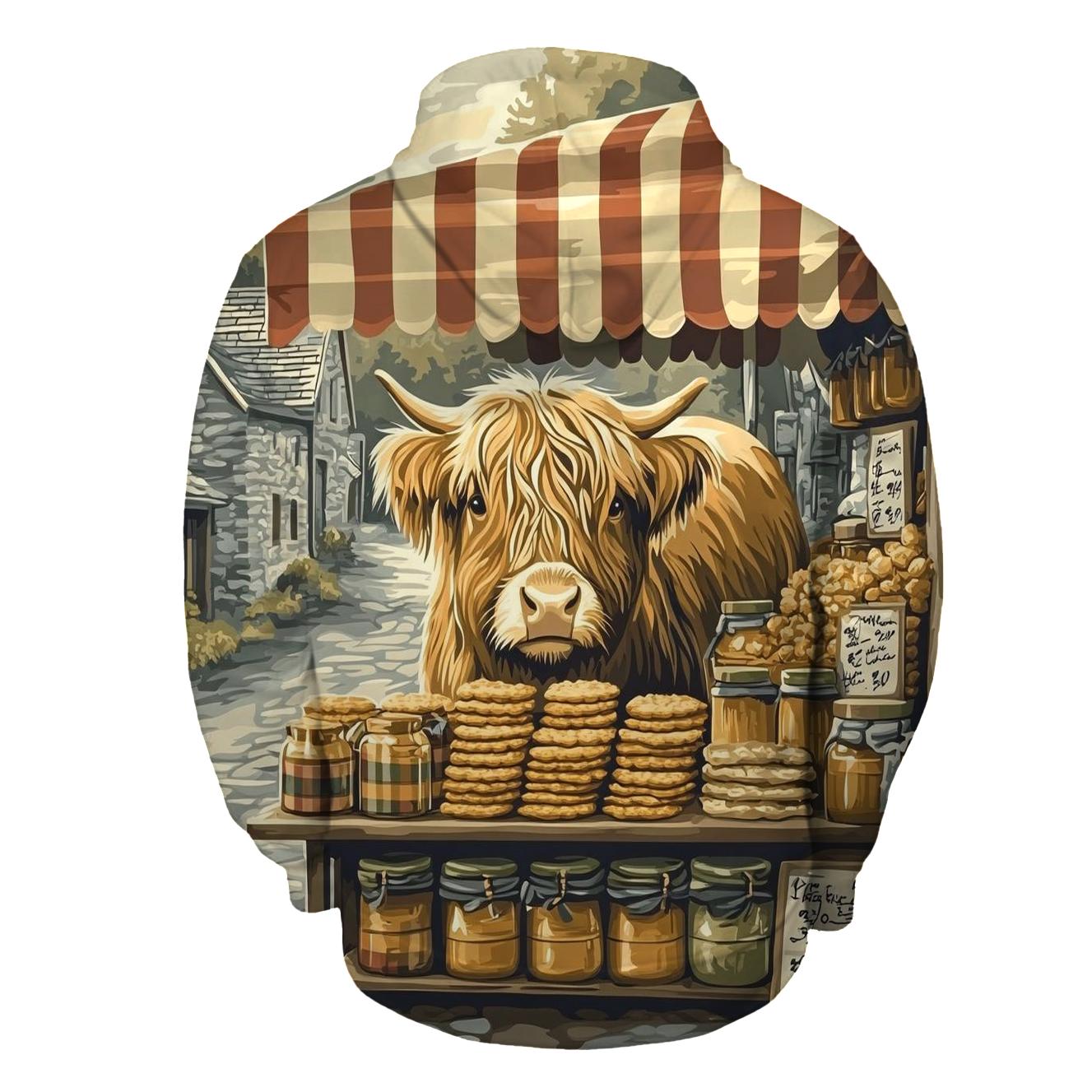 Tartan Market Stall Featuring Highland Cow premium hoodies