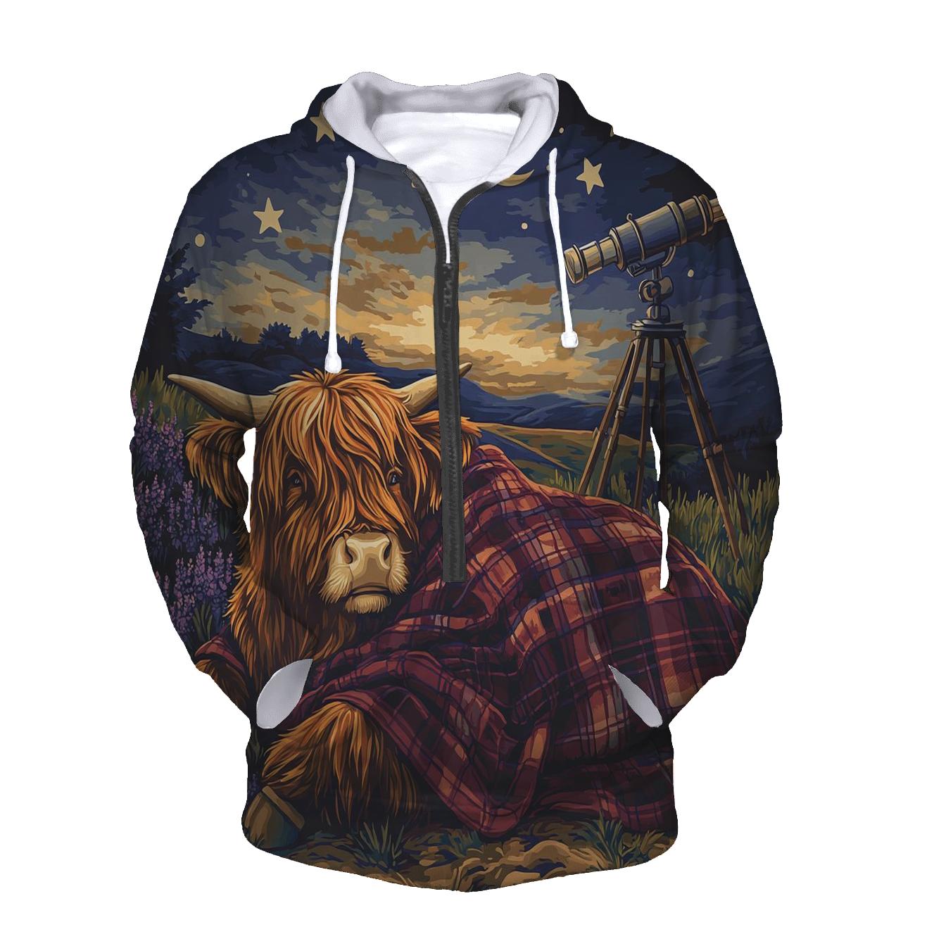 Highland Cow Stargazing Blanket On The Hill graphic hoodies
