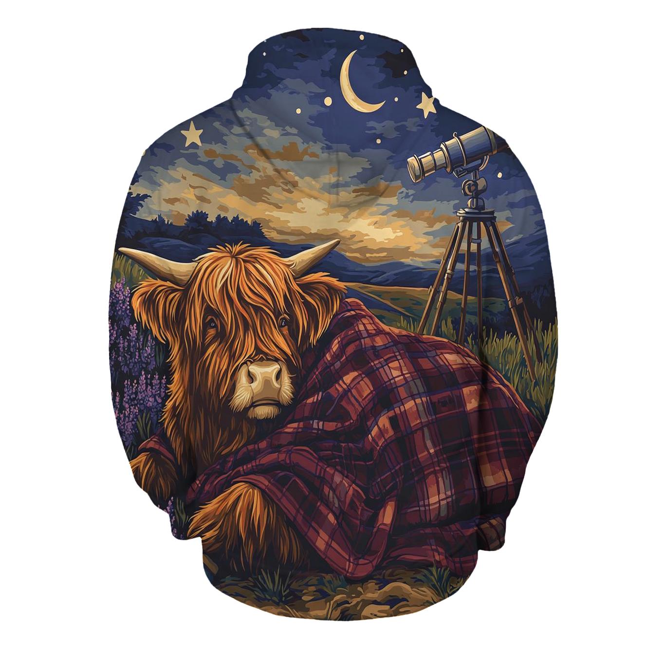 Highland Cow Stargazing Blanket On The Hill graphic hoodies