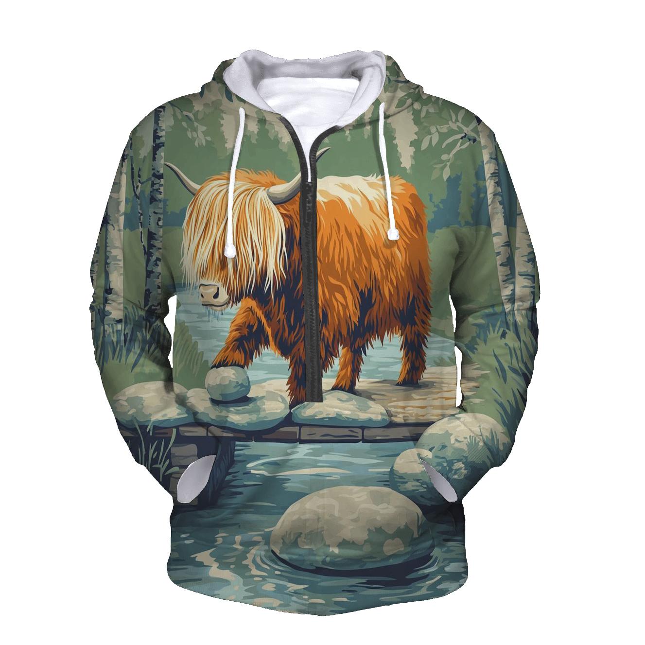 River Stepping Stones Highland Cow Explorer heavyweight hoodies