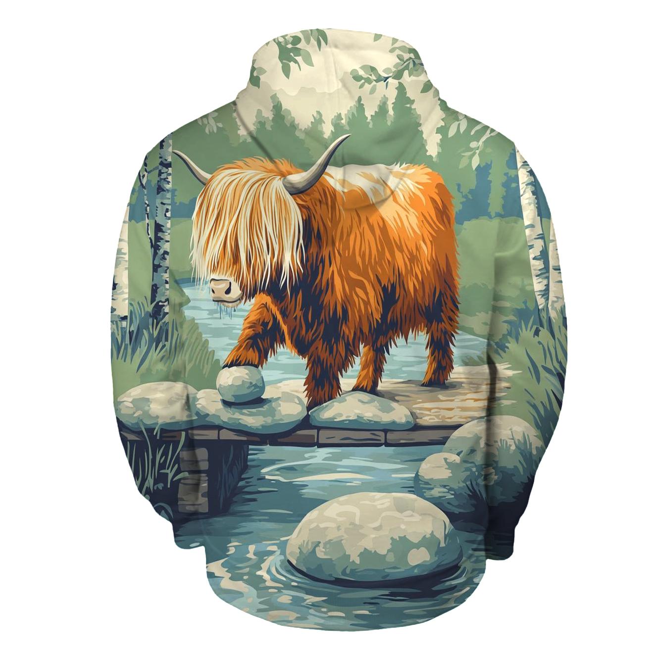River Stepping Stones Highland Cow Explorer heavyweight hoodies