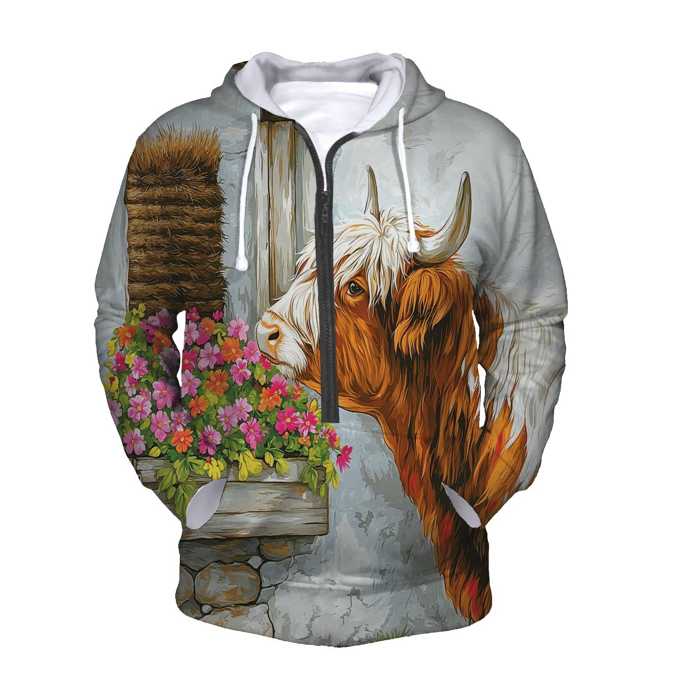 Crofthouse Window Box With Highland Cow premium hoodies