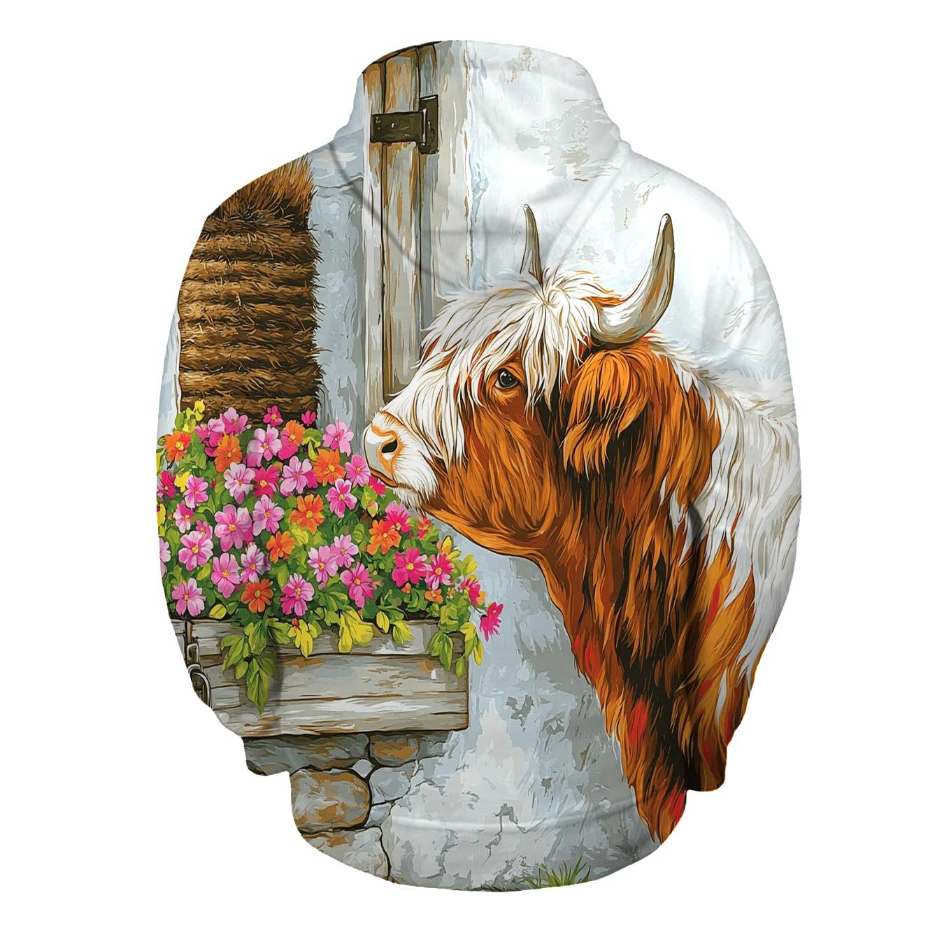 Crofthouse Window Box With Highland Cow premium hoodies