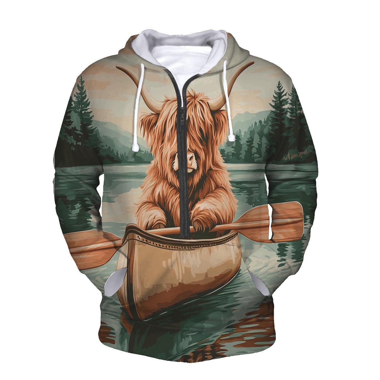 Highland Cow Canoe Guide On A Calm Loch pullover hoodies