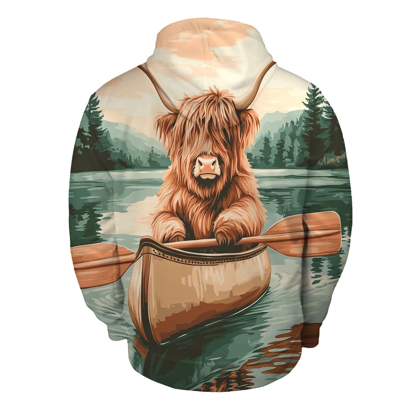 Highland Cow Canoe Guide On A Calm Loch pullover hoodies