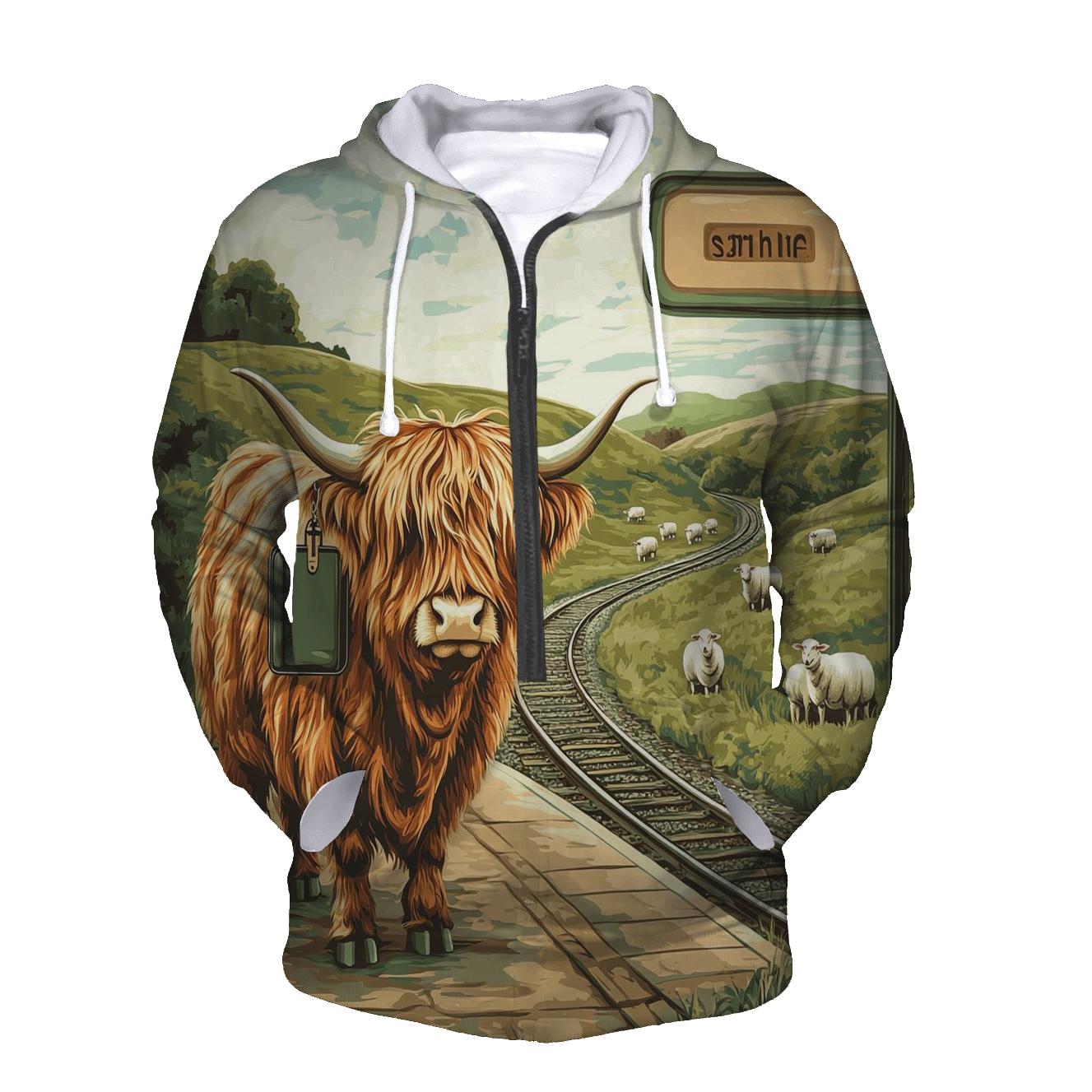 Highland Cow At The Railway Halt designer hoodies