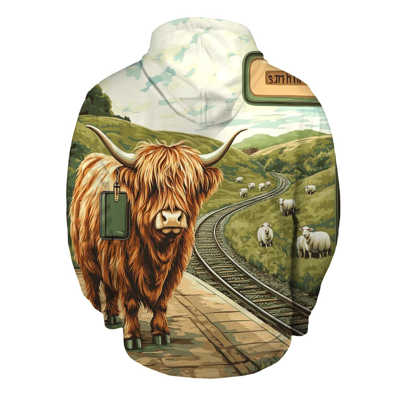 Highland Cow At The Railway Halt designer hoodies