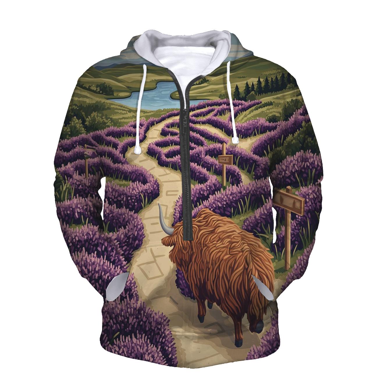 Highland Cow And The Heather Maze embroidered hoodies