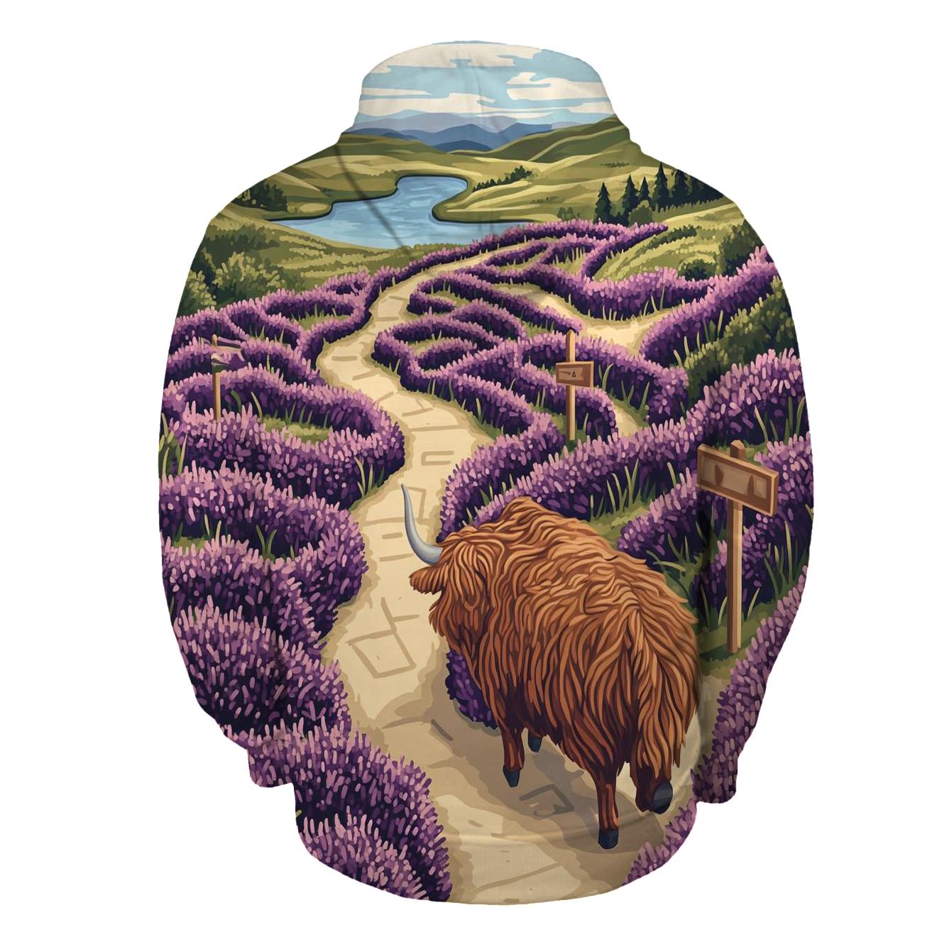 Highland Cow And The Heather Maze embroidered hoodies