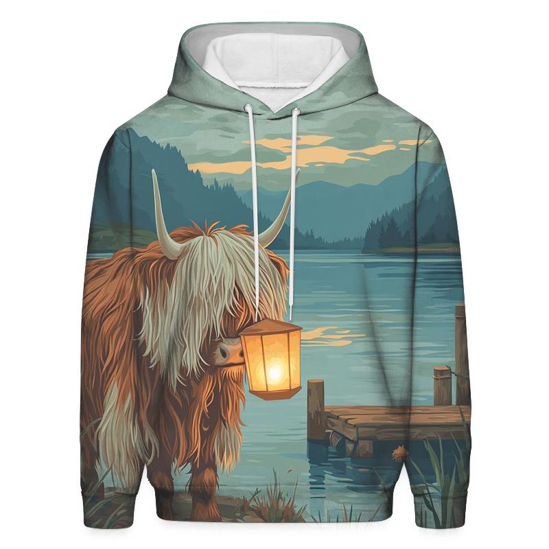 Highland Cow Lantern Keeper At The Loch heavyweight hoodies