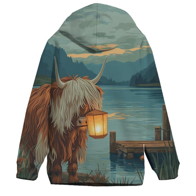 Highland Cow Lantern Keeper At The Loch heavyweight hoodies
