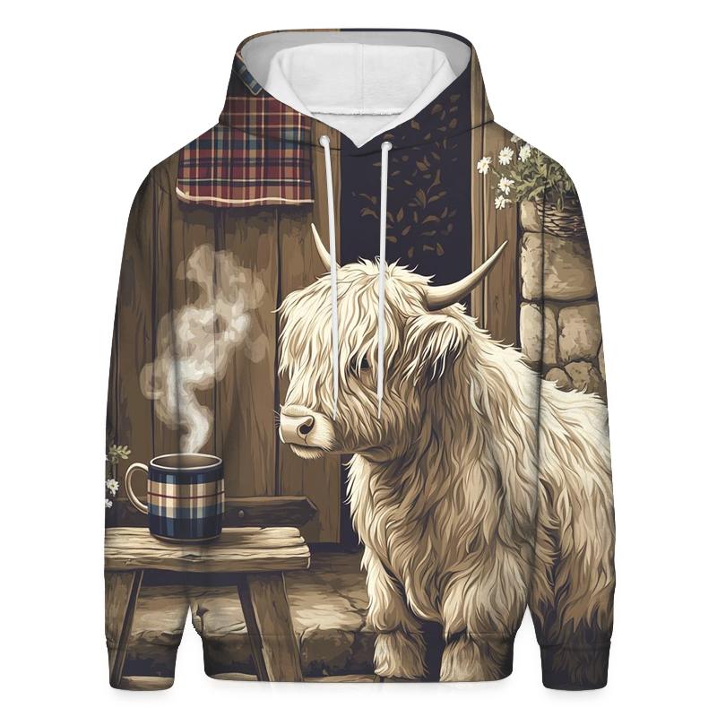 Highland Cow Tea Break By The Croft Door printed hoodies