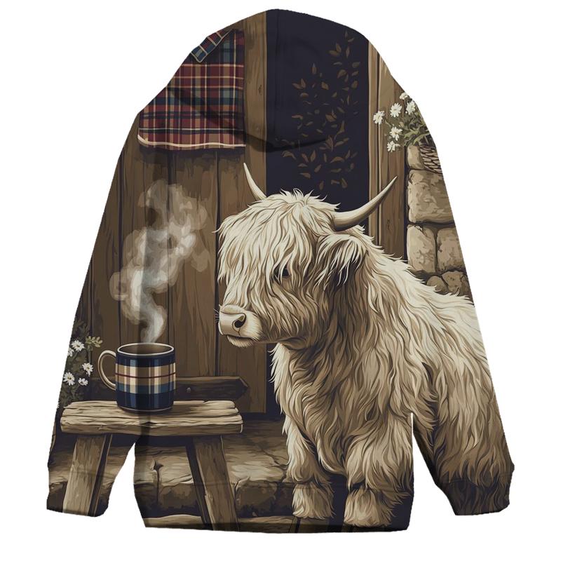 Highland Cow Tea Break By The Croft Door printed hoodies