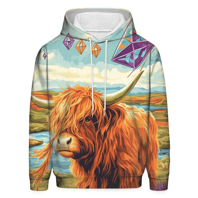 Kite Festival Highland Cow On The Moor graphic hoodies