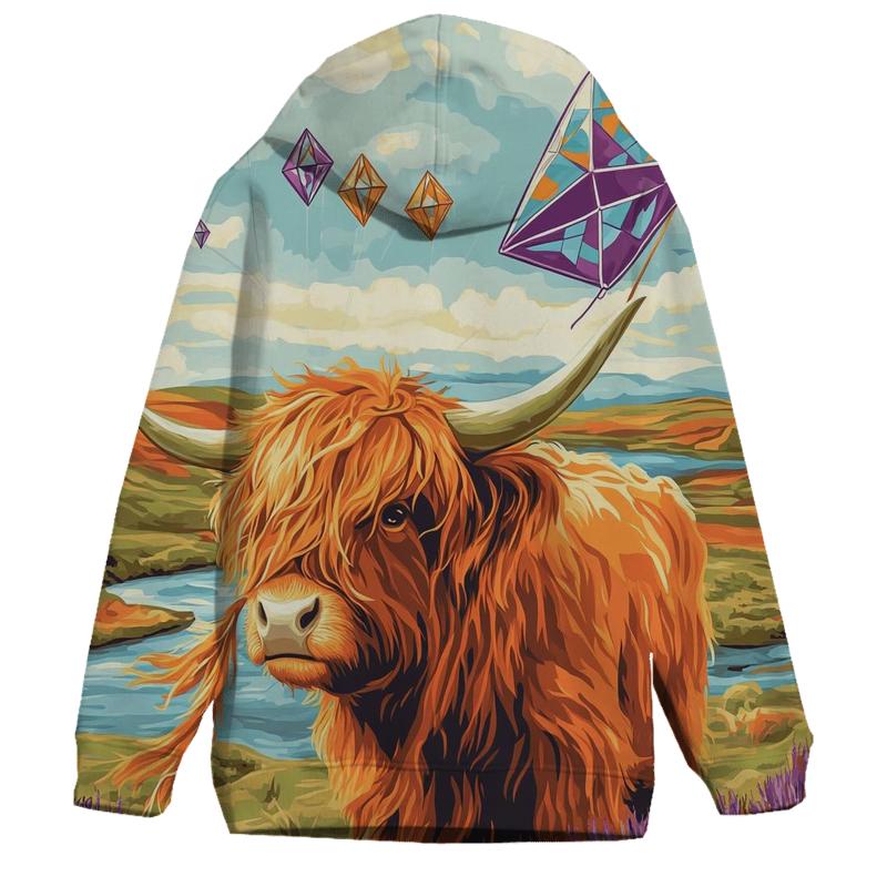 Kite Festival Highland Cow On The Moor graphic hoodies