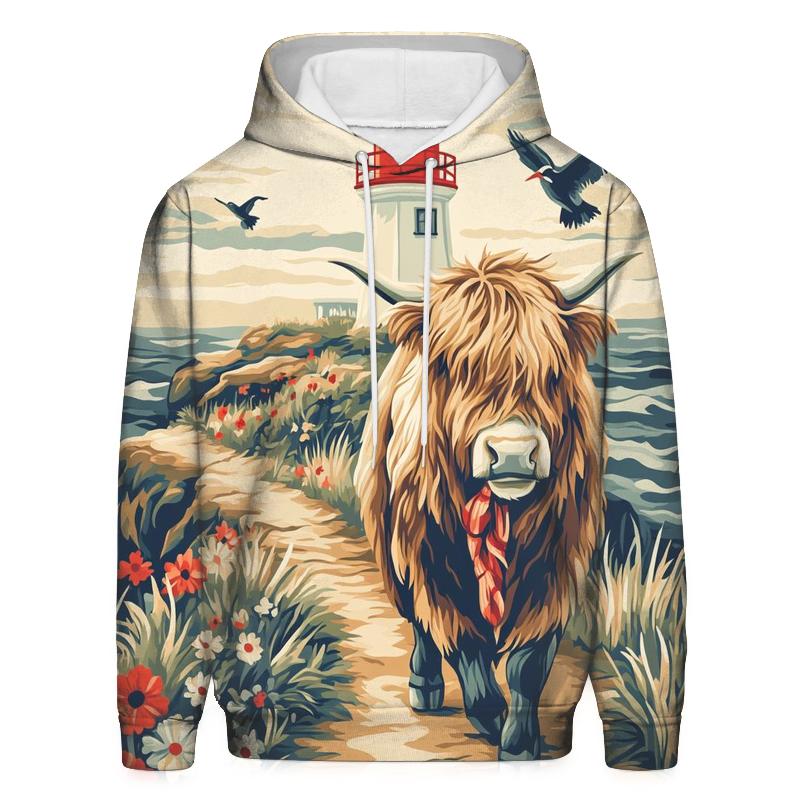 Highland Cow And The Lighthouse Cliff Path pullover hoodies