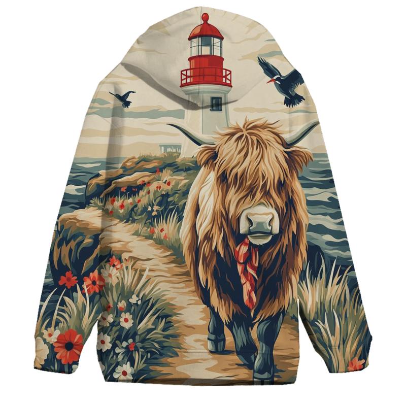 Highland Cow And The Lighthouse Cliff Path pullover hoodies