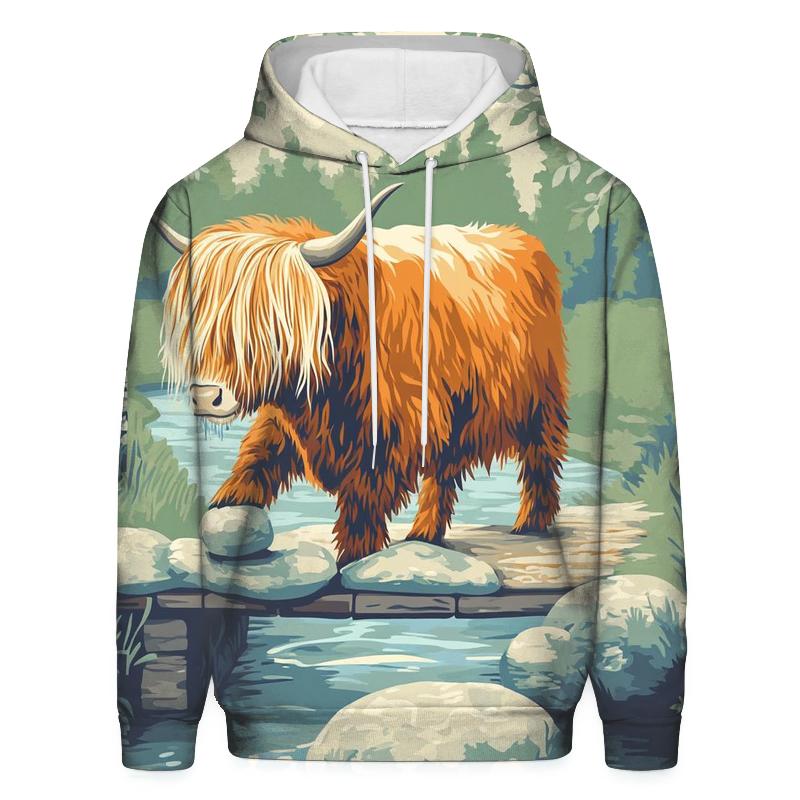 River Stepping Stones Highland Cow Explorer hoodies fashion