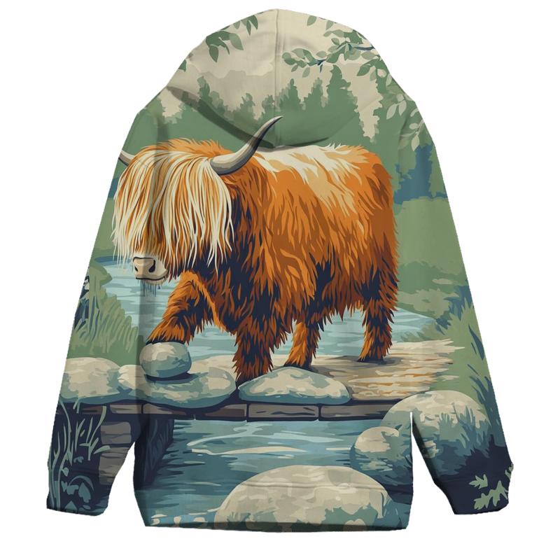 River Stepping Stones Highland Cow Explorer hoodies fashion