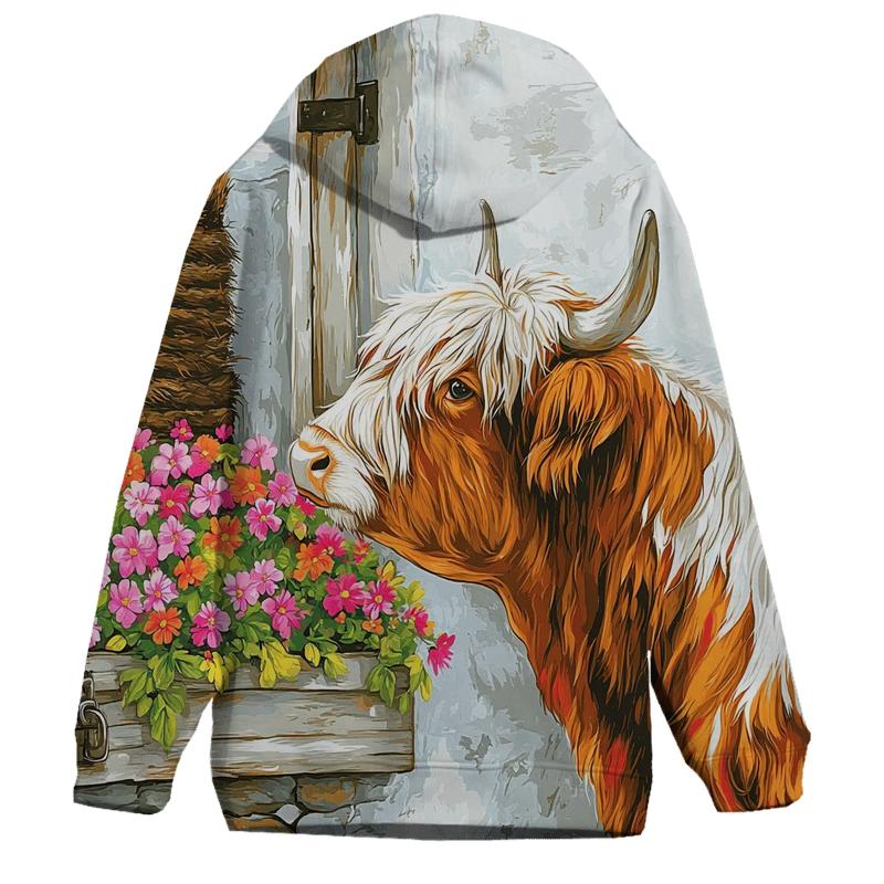 Crofthouse Window Box With Highland Cow pullover hoodies