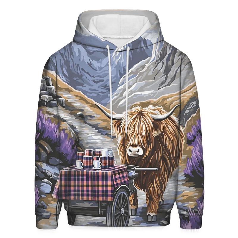 Highland Cow Mountain Pass Tea Cart zip-up hoodies