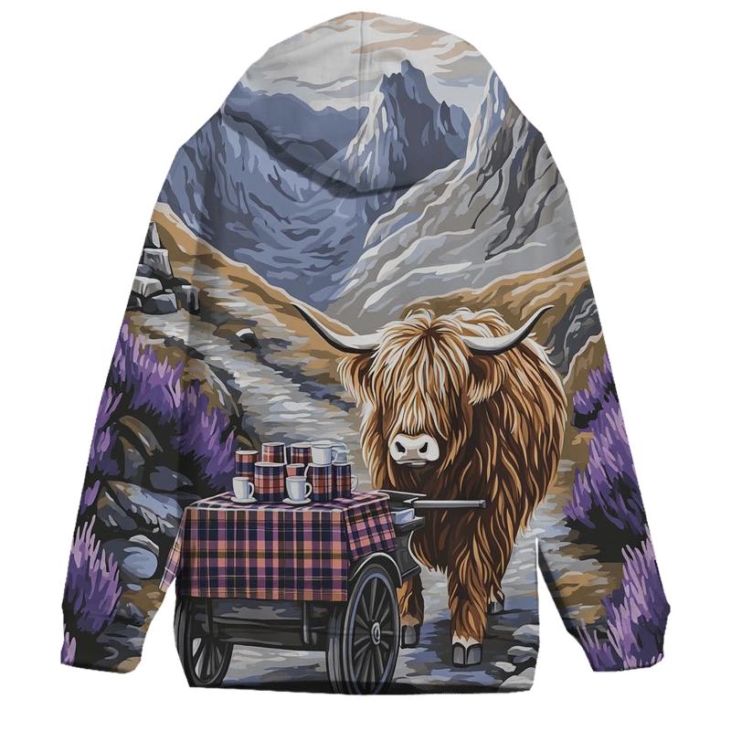 Highland Cow Mountain Pass Tea Cart zip-up hoodies