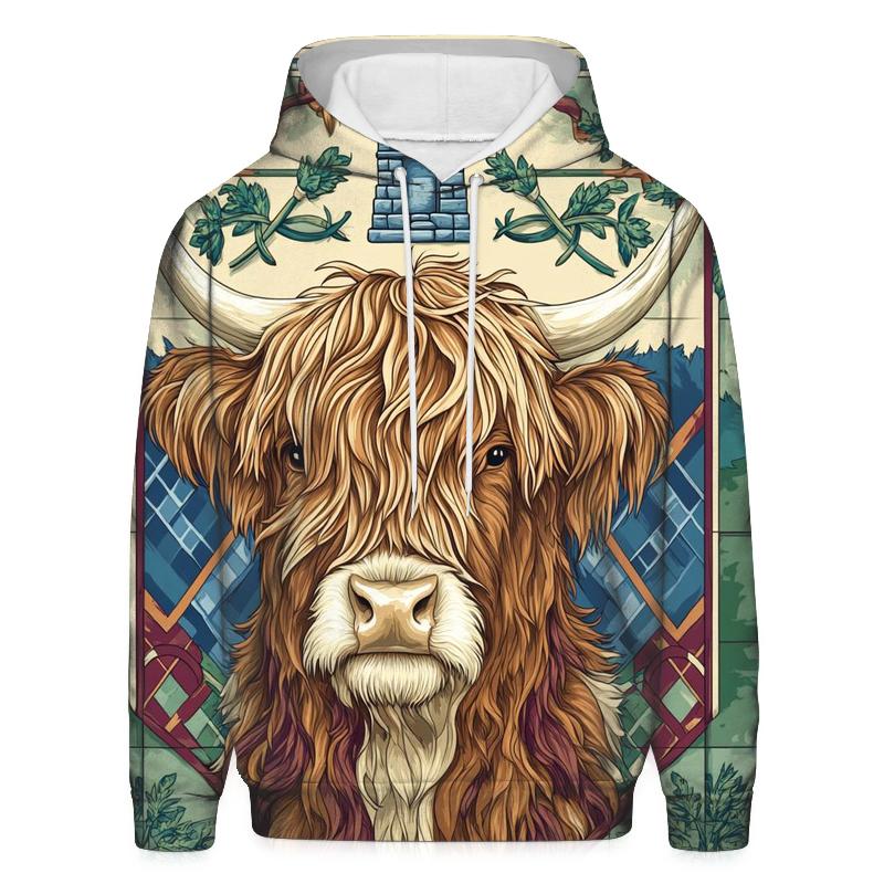 Highland Cow Portrait In Clan Banner Style graphic hoodies
