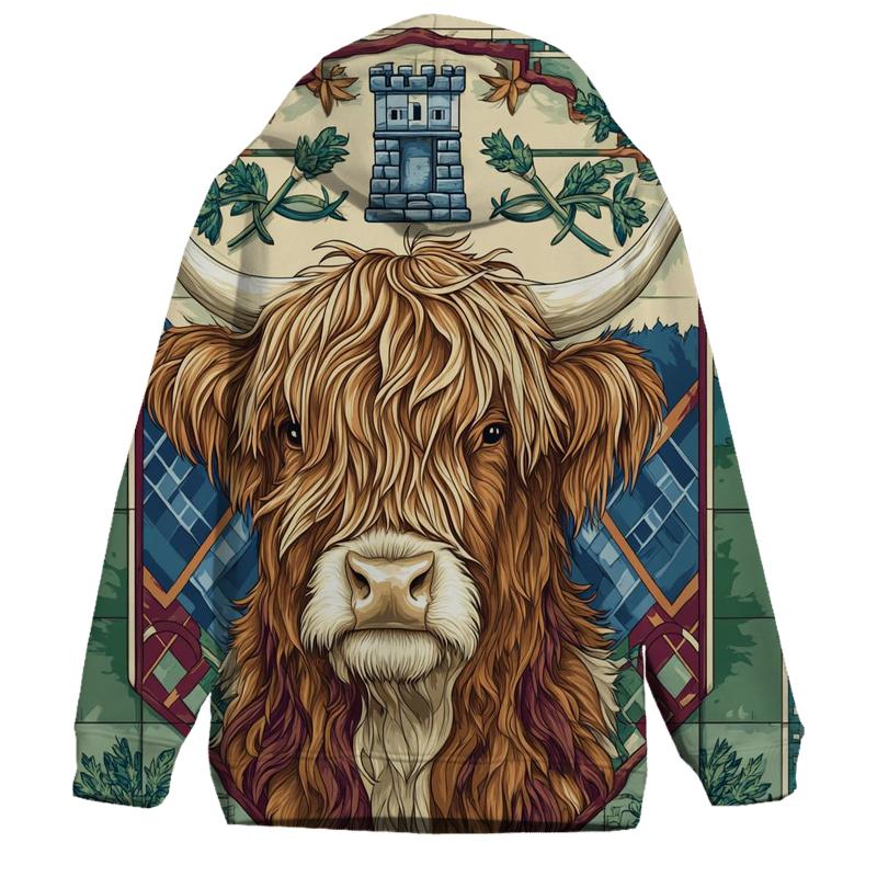 Highland Cow Portrait In Clan Banner Style graphic hoodies