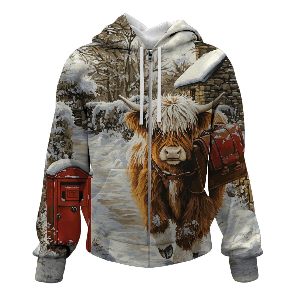 Highland Cow In The Winter Mail Run printed hoodies