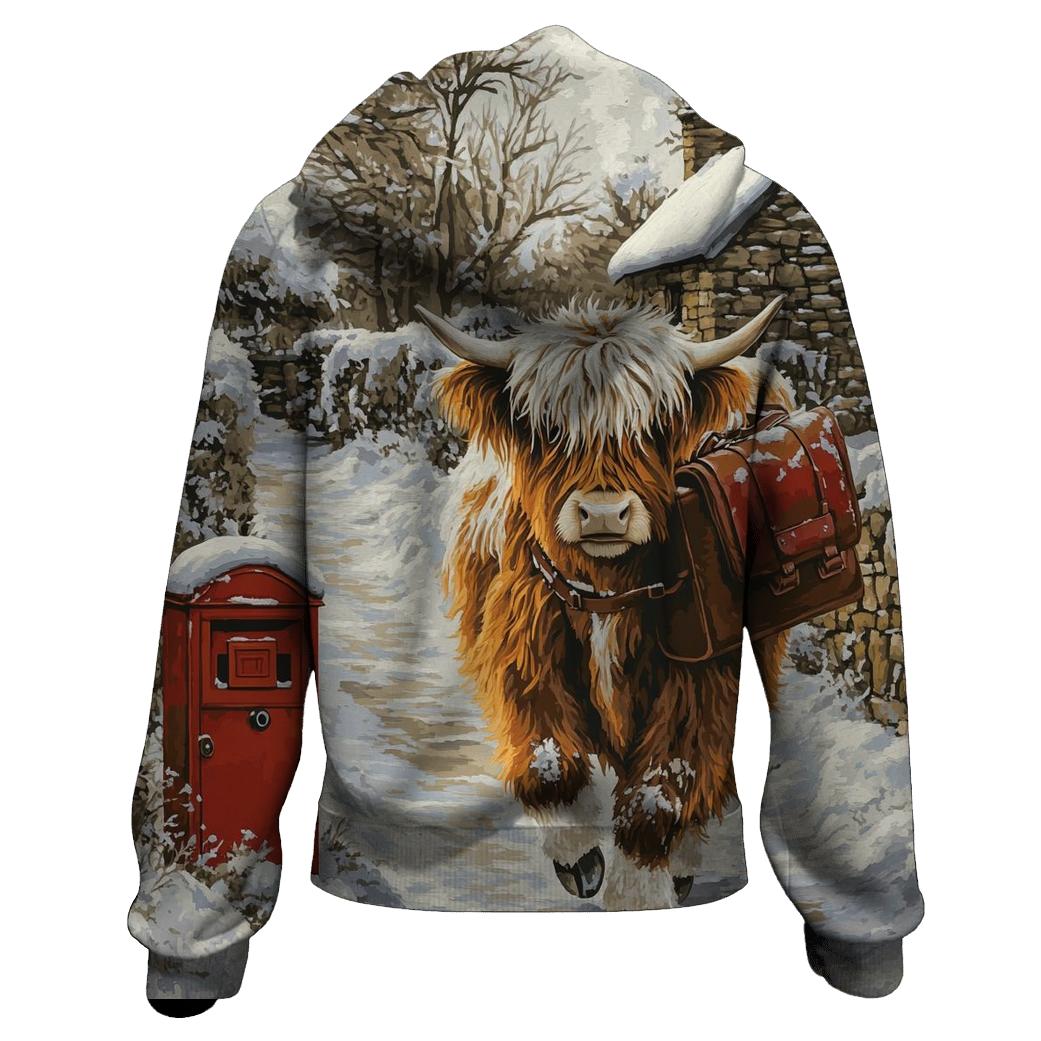 Highland Cow In The Winter Mail Run printed hoodies