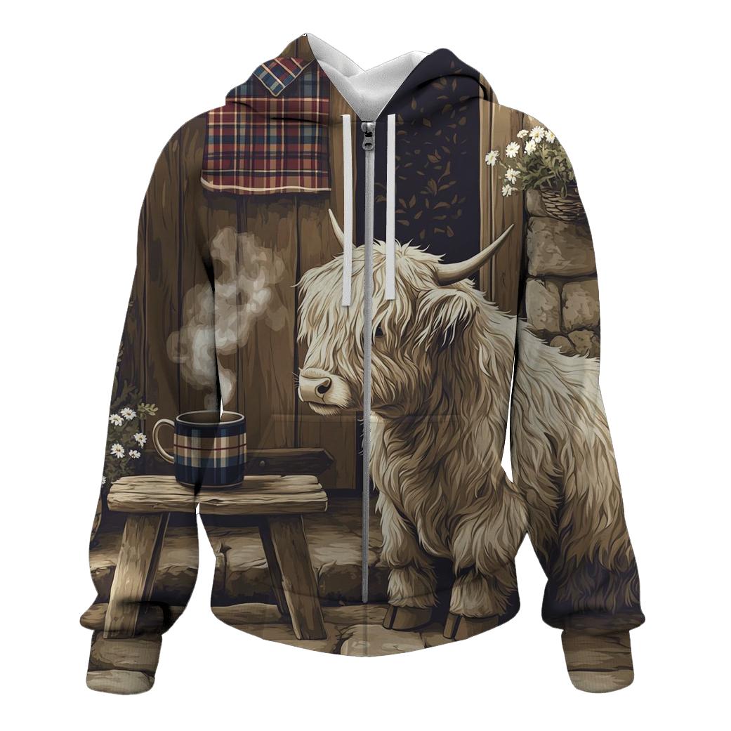 Highland Cow Tea Break By The Croft Door hoodie designs