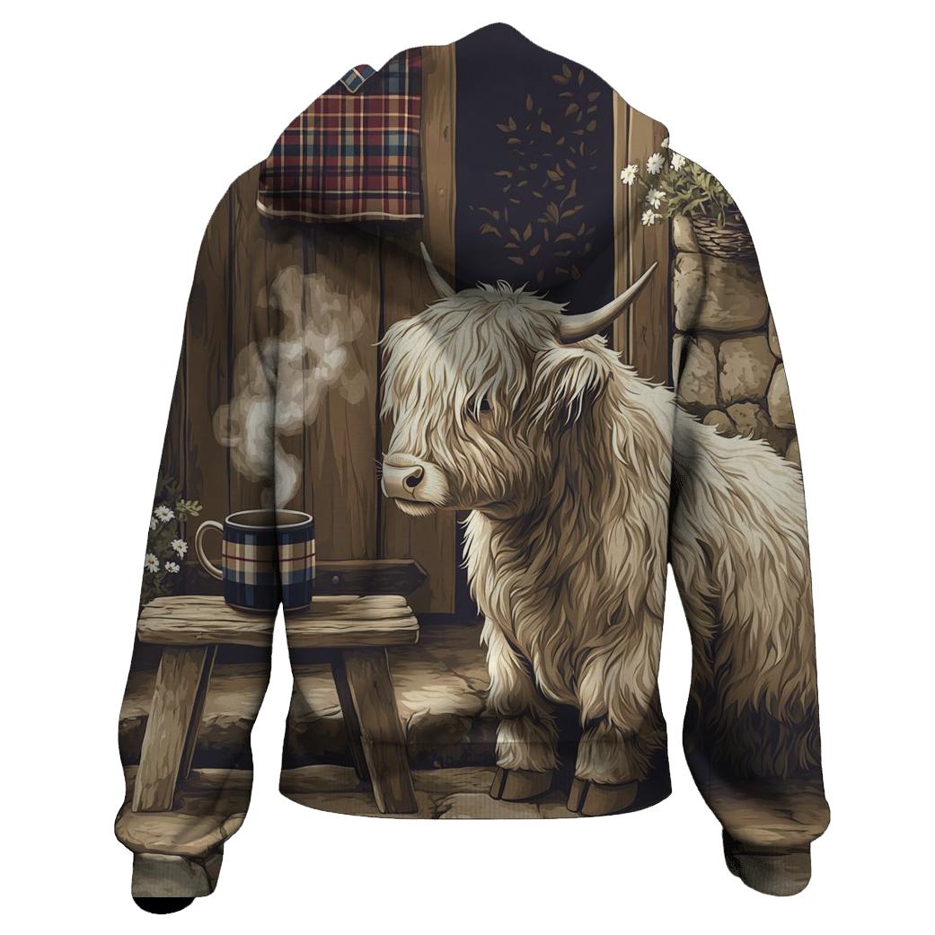 Highland Cow Tea Break By The Croft Door hoodie designs