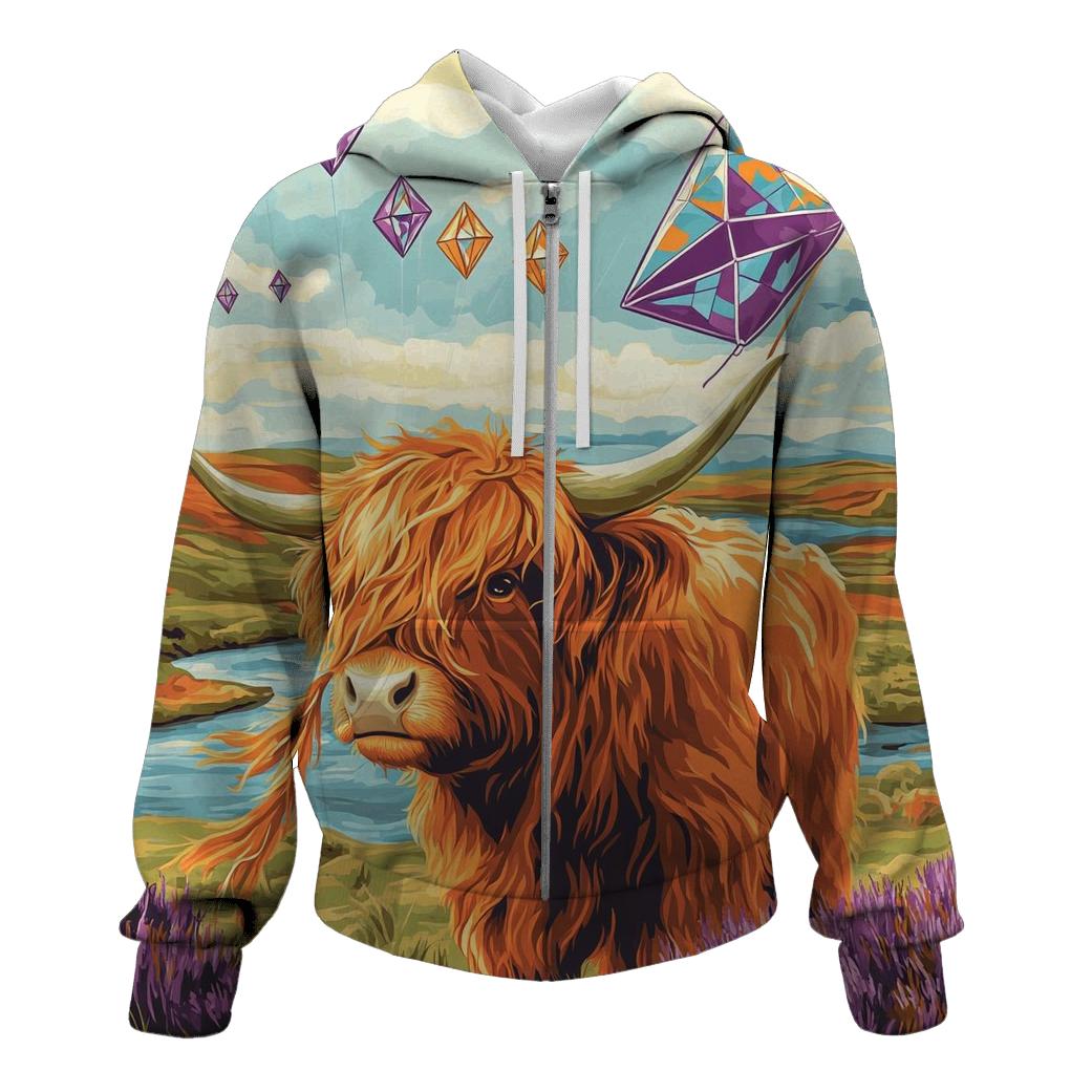 Kite Festival Highland Cow On The Moor premium hoodies