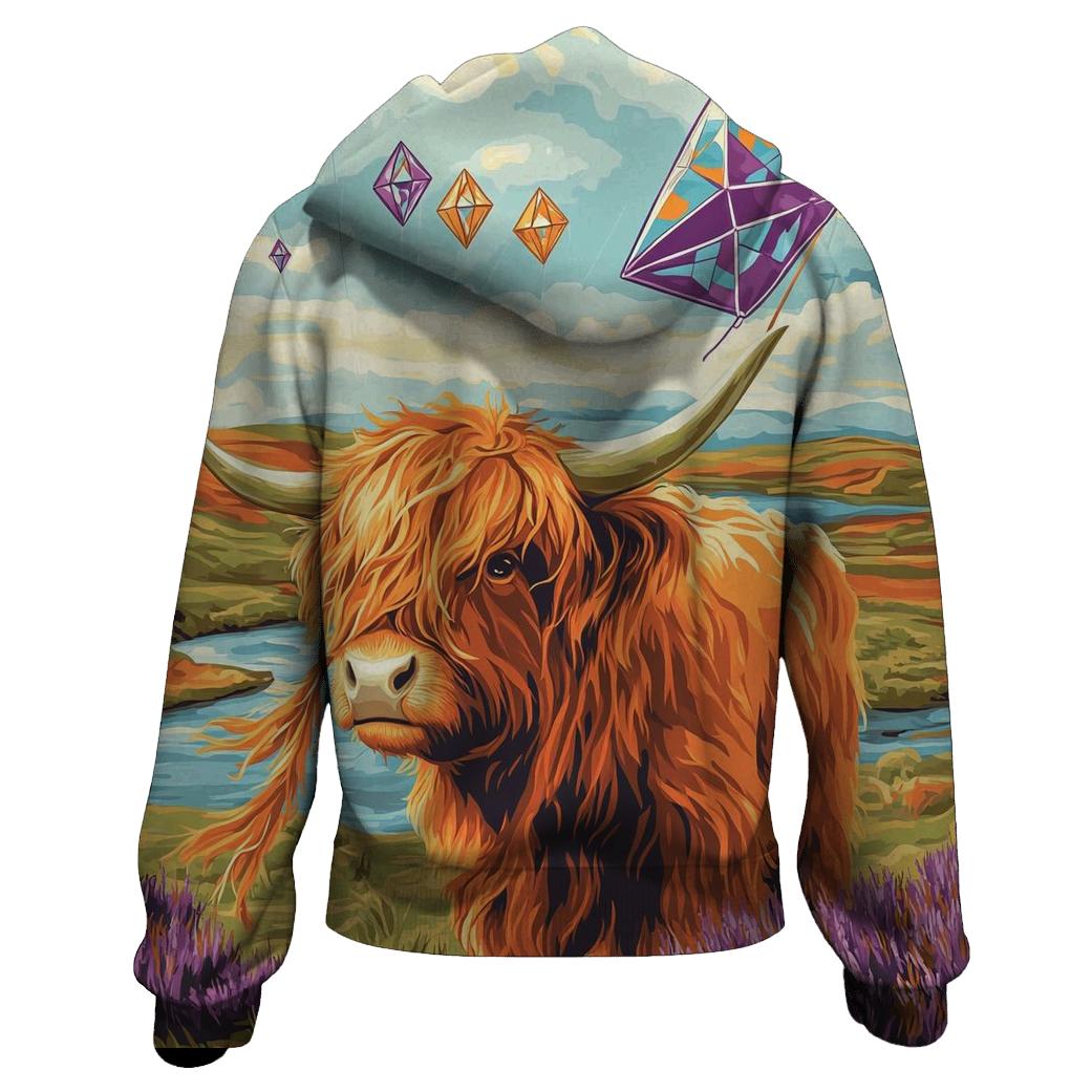 Kite Festival Highland Cow On The Moor premium hoodies