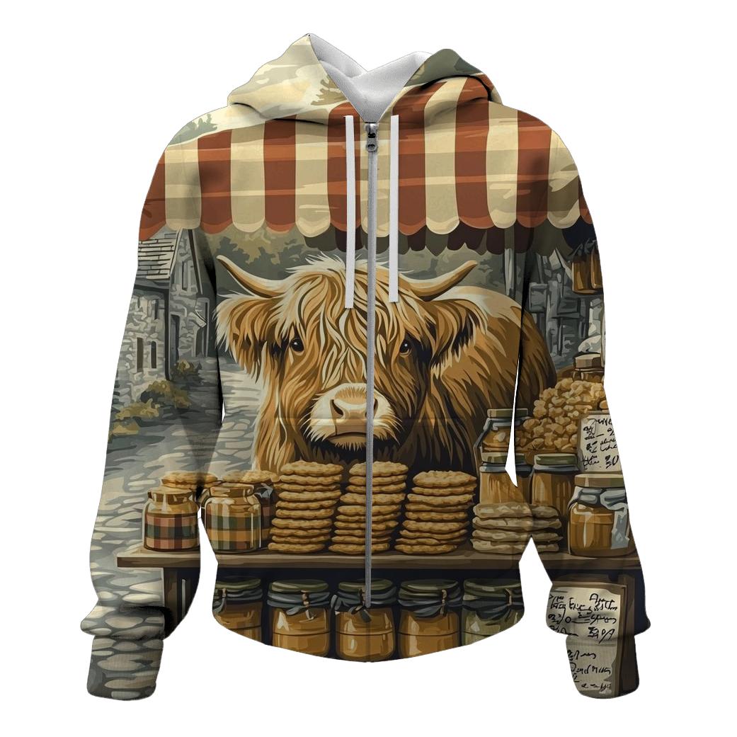 Tartan Market Stall Featuring Highland Cow hoodie designs