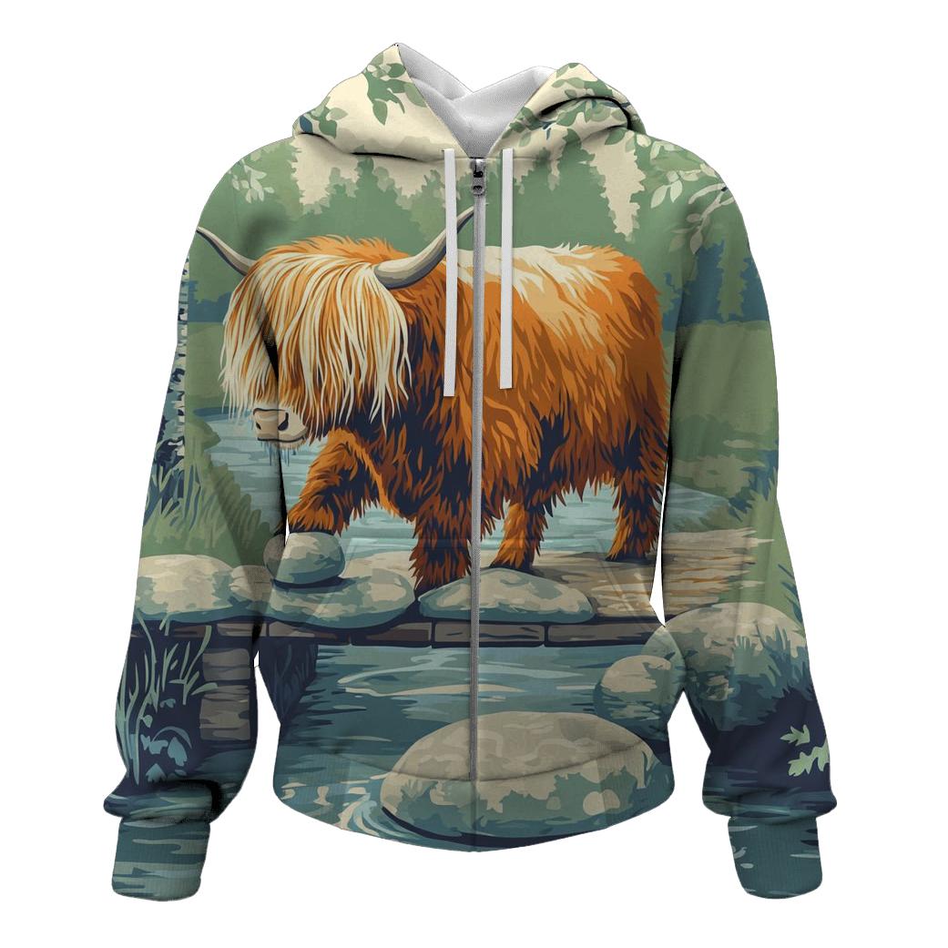 River Stepping Stones Highland Cow Explorer graphic hoodies