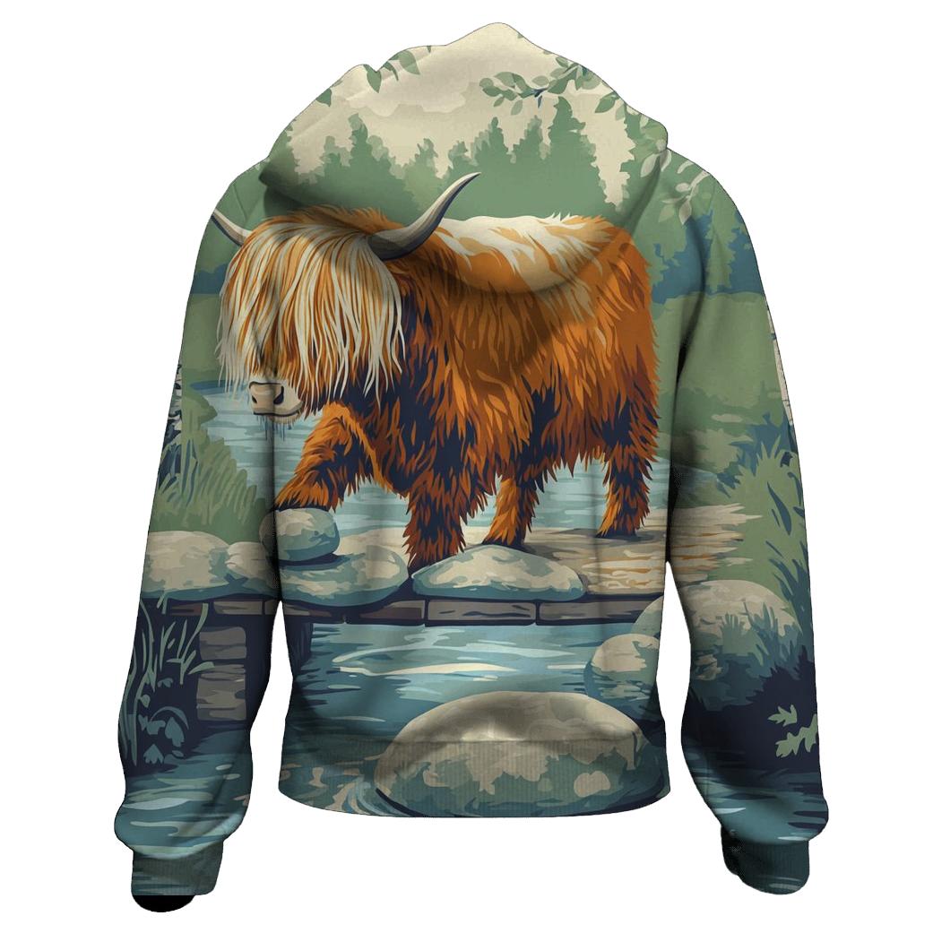 River Stepping Stones Highland Cow Explorer graphic hoodies
