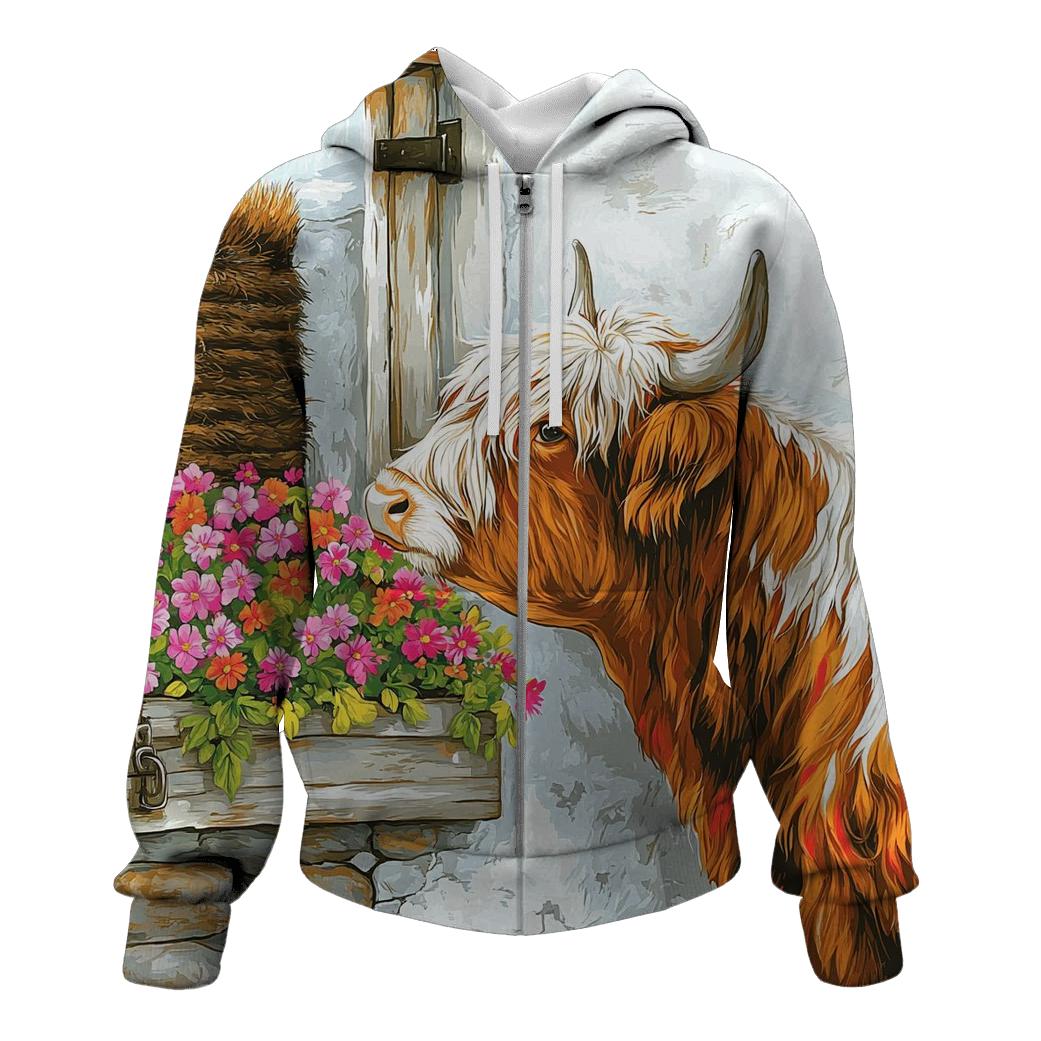 Crofthouse Window Box With Highland Cow premium hoodies