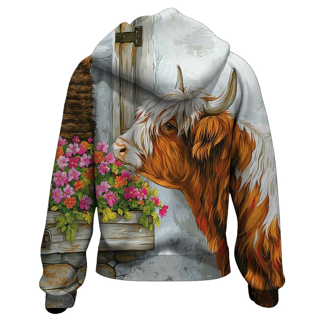 Crofthouse Window Box With Highland Cow premium hoodies
