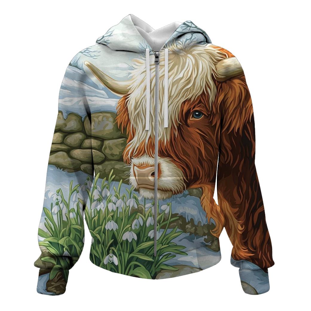 Highland Cow Snowdrop First Spring designer hoodies