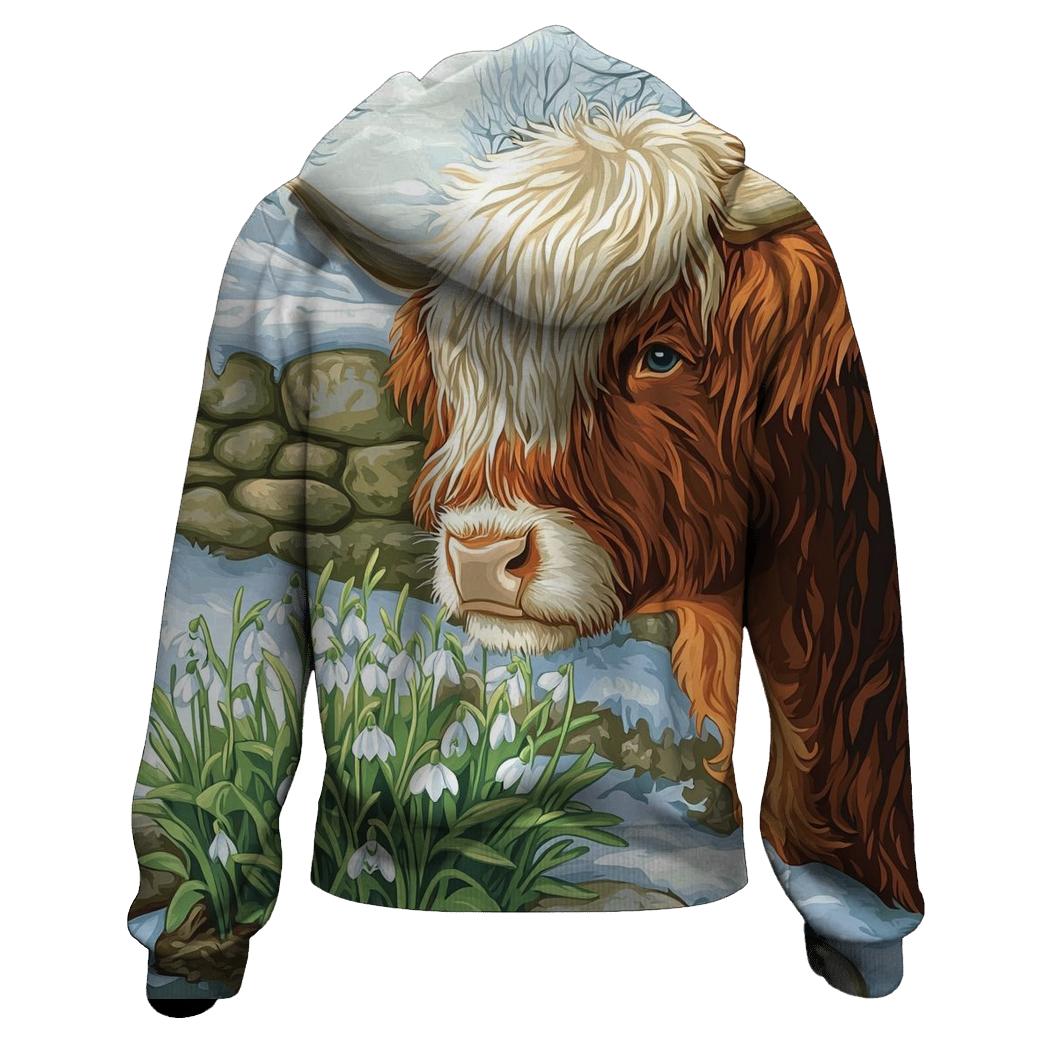 Highland Cow Snowdrop First Spring designer hoodies