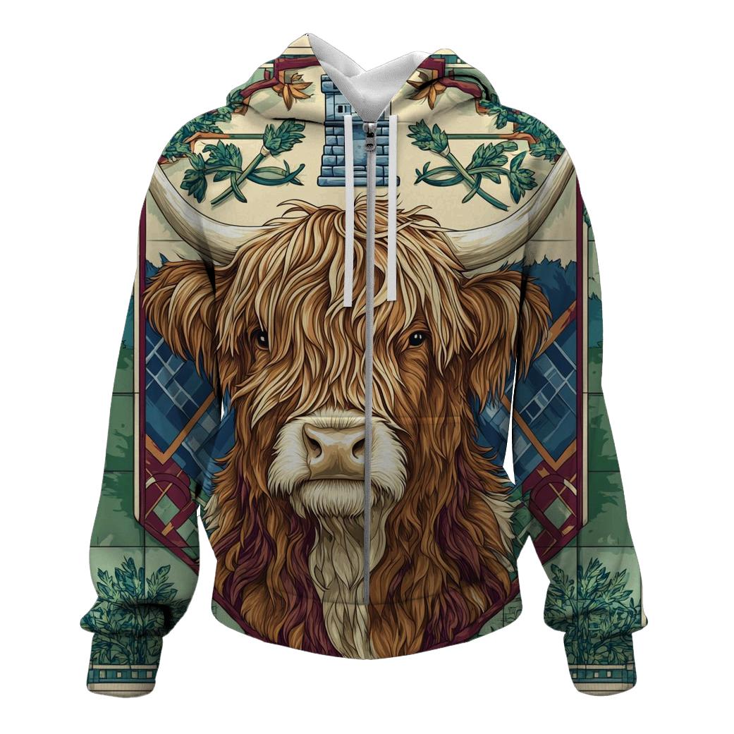 Highland Cow Portrait In Clan Banner Style hoodie designs