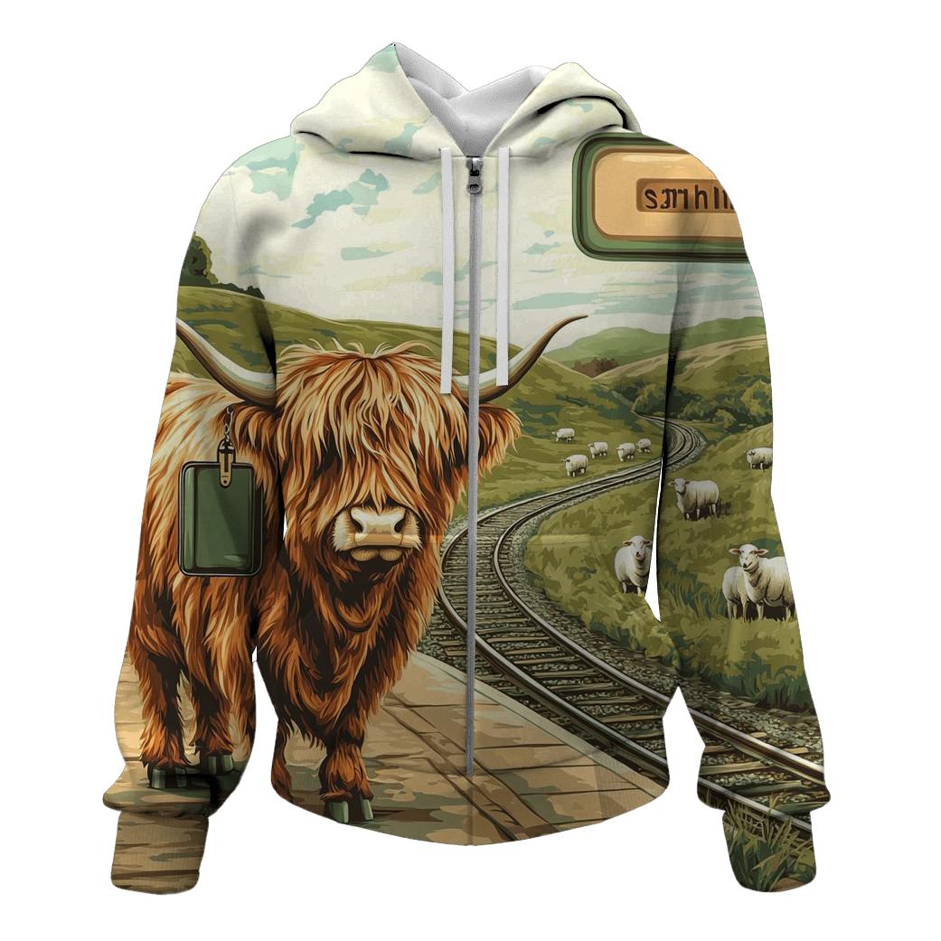 Highland Cow At The Railway Halt premium hoodies