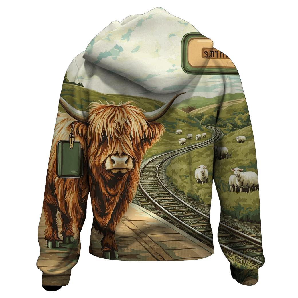 Highland Cow At The Railway Halt premium hoodies