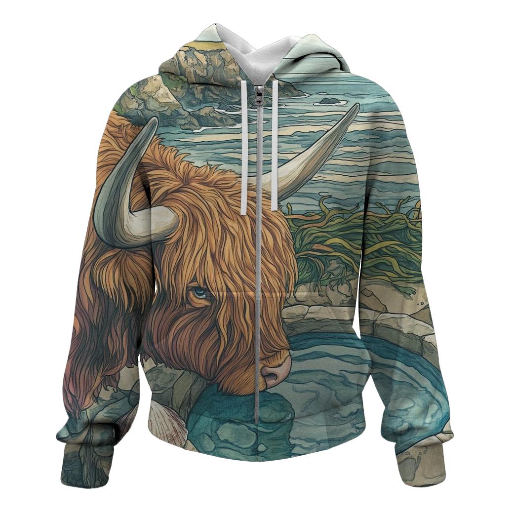 Highland Cow Seaside Rock Pool Watcher printed hoodies