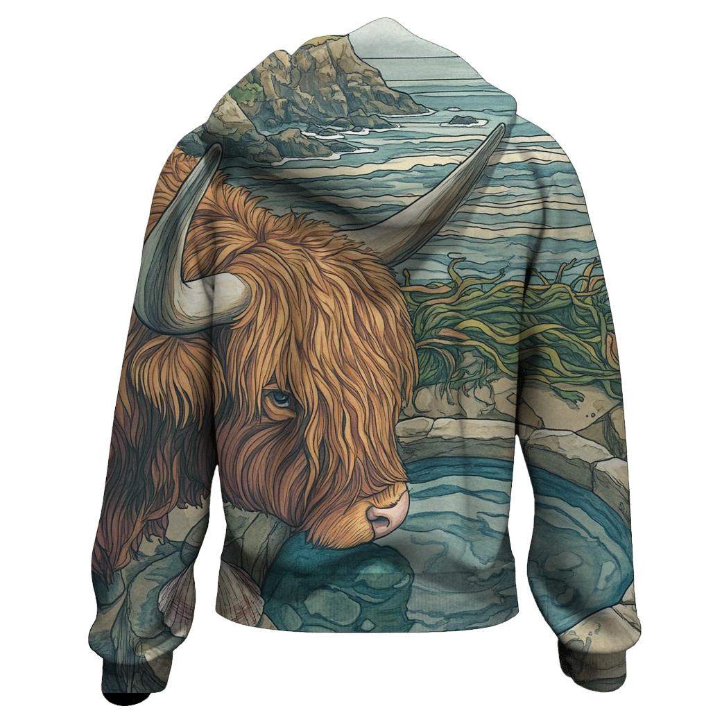 Highland Cow Seaside Rock Pool Watcher printed hoodies