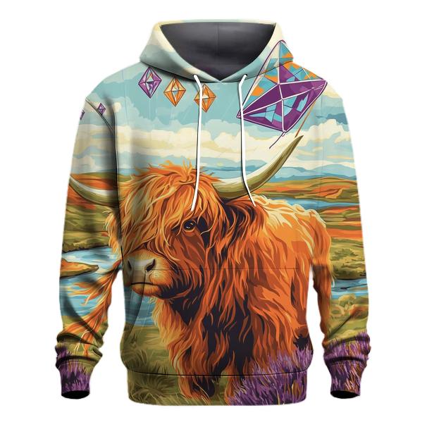 Kite Festival Highland Cow On The Moor graphic hoodies